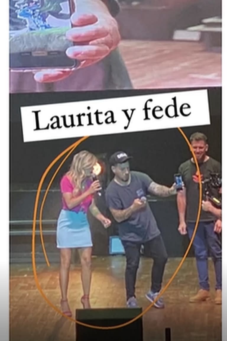 Una foto de Federico Bal y Laurita Fernández en el evento de criptomonedas que ella condujo (Crédito: Captura de video Ciudad Magazine)