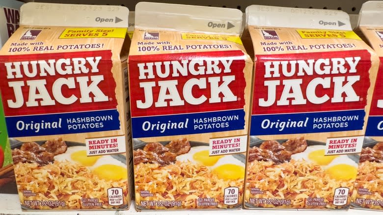 Cartons of Hungry Jack hash browns lined up