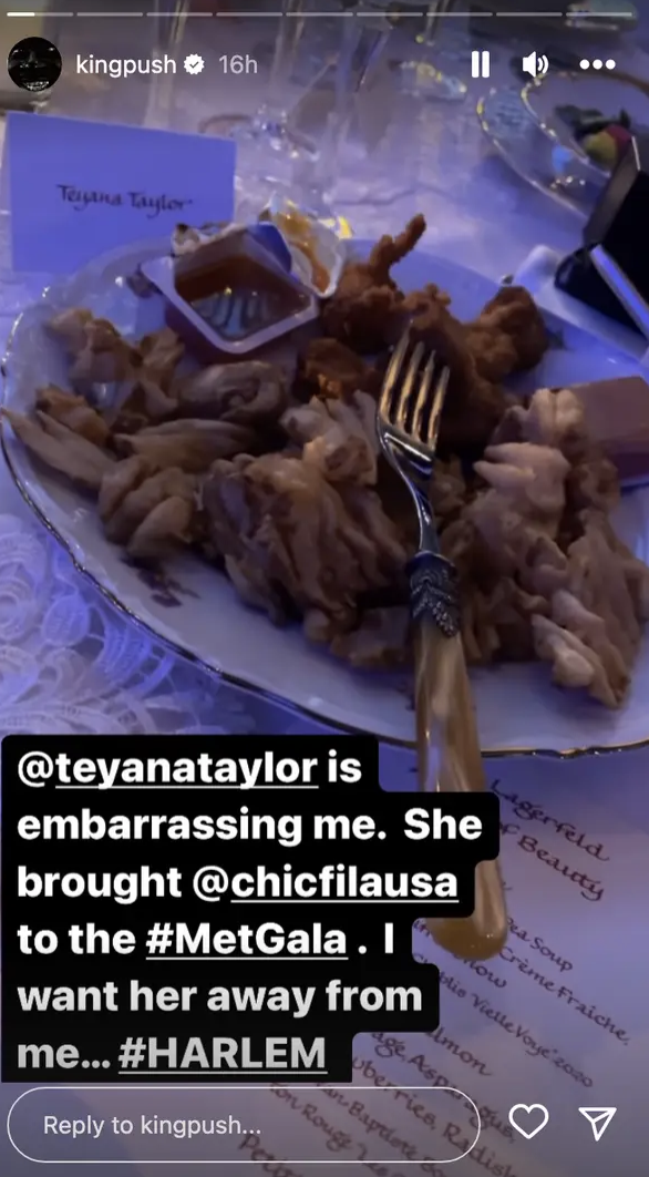 Close-up of plate with various food items, @teyanataylor tagged, mentioning @chickfila and humorous commentary on preference for food