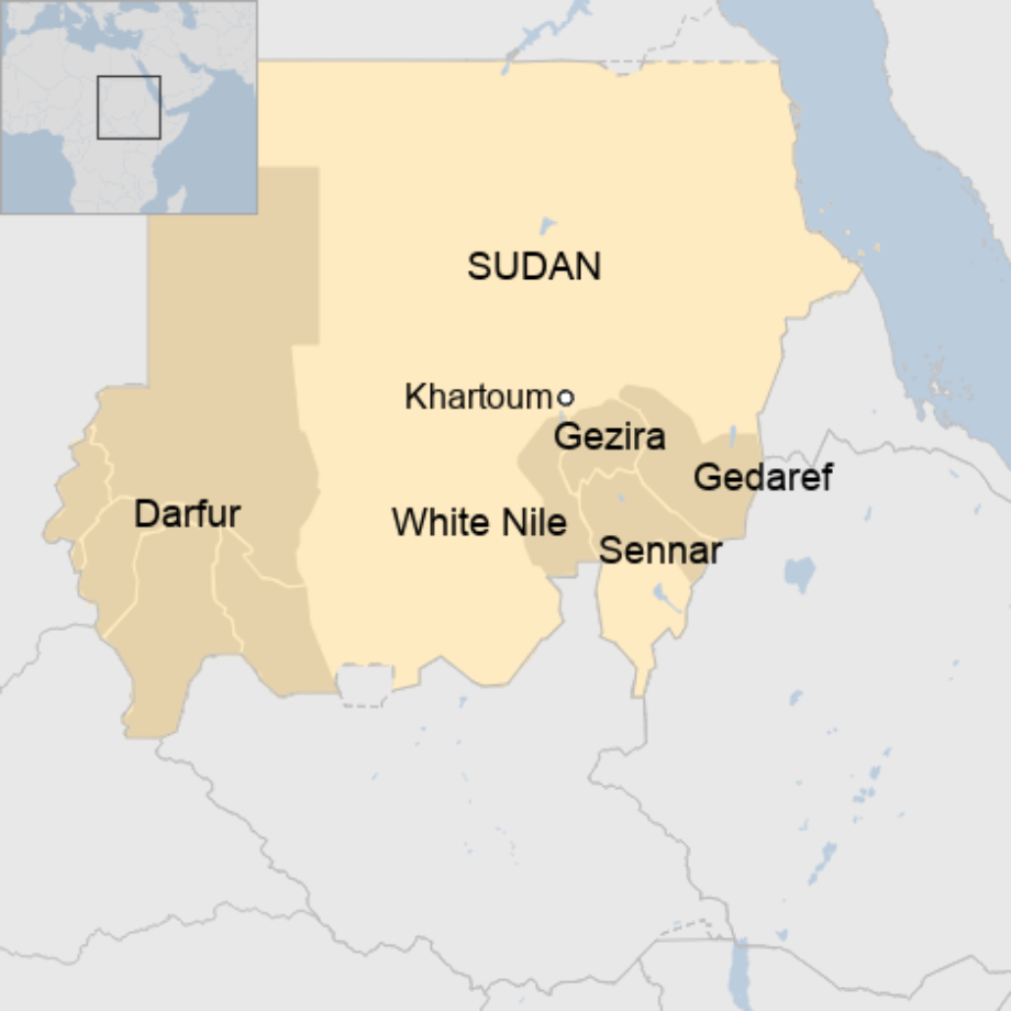 Map: Map showing the location of Sudan's Gezira, White Nile, Sennar and Gedaref states.