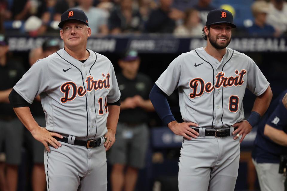 Tigers manager AJ Hinch, left, and right fielder Matt Vierling smile as they are introduced before the Tigers' 4-0 loss on Thursday, March 30, 2023, in St.  Petersburg, Florida.