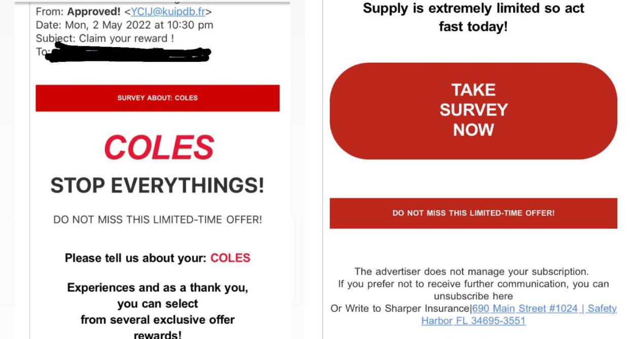 Coles scam email screenshots