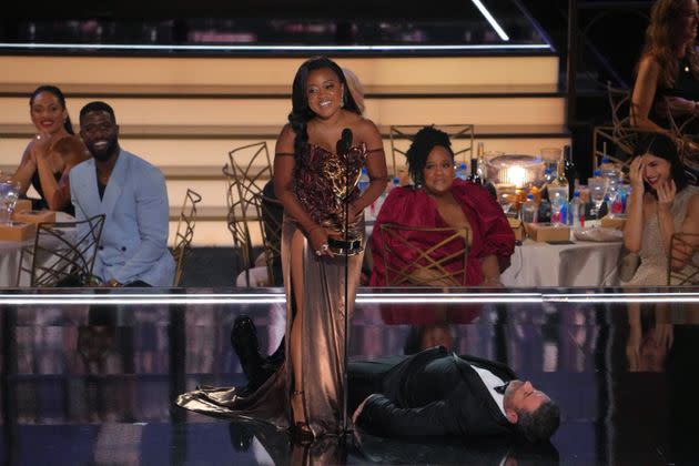 Brunson delivered her Emmy acceptance speech with Jimmy Kimmel lying on the ground as part of a heavily criticized comedic skit. (Photo: Kevin Mazur via Getty Images)