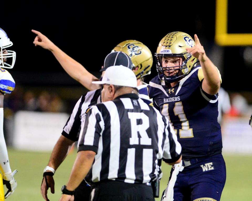 Central Catholic quarterback Tyler Wentworth celebrates after recovering a fumble during a game between Central Catholic and Serra at Central Catholic High School in Modesto California on September 8, 2023.