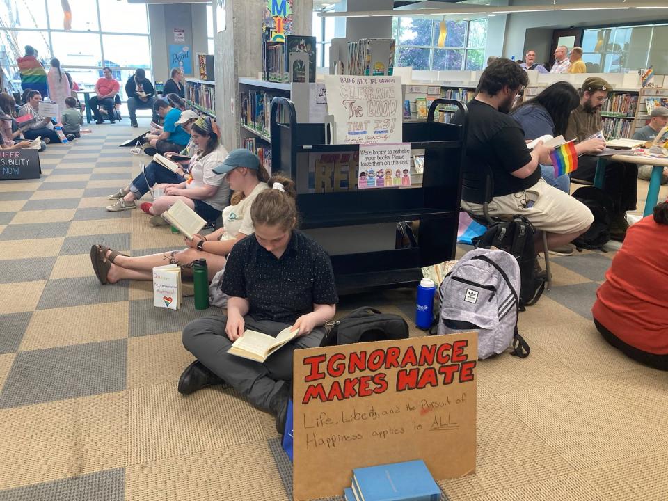 Dozens of readers packed into the Children's Library of Blasco Memorial Library on June 26, 2023, as part of a read-in to celebrate LGBTQ+ freedoms. 