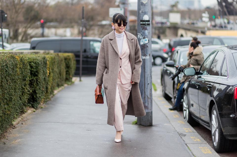 Three of our favorite things this season: mock necks, pantsuits, longline coats. Put 'em all together (in coordinating hues) and what do you get? One pretty good look.