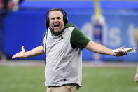 FILE - In this Jan. 1, 2020, file photo, Baylor head coach Matt Rhule reacts on the sideline in the second half of the Sugar Bowl NCAA college football game against Georgia in New Orleans. A person familiar with the situation says the Carolina Panthers are completing a contract to hire Baylor's Matt Rhule as their coach. The person spoke to The Associated Press on Tuesday, Jan. 7, 2020, on condition of anonymity because the deal is not done. The Panthers have not spoken publicly about the coaching search. (AP Photo/Bill Feig, File)