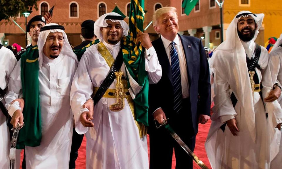 Saudi Arabia’s King Salman and Donald Trump take part in a traditional sword dance, Riyadh, May 2017