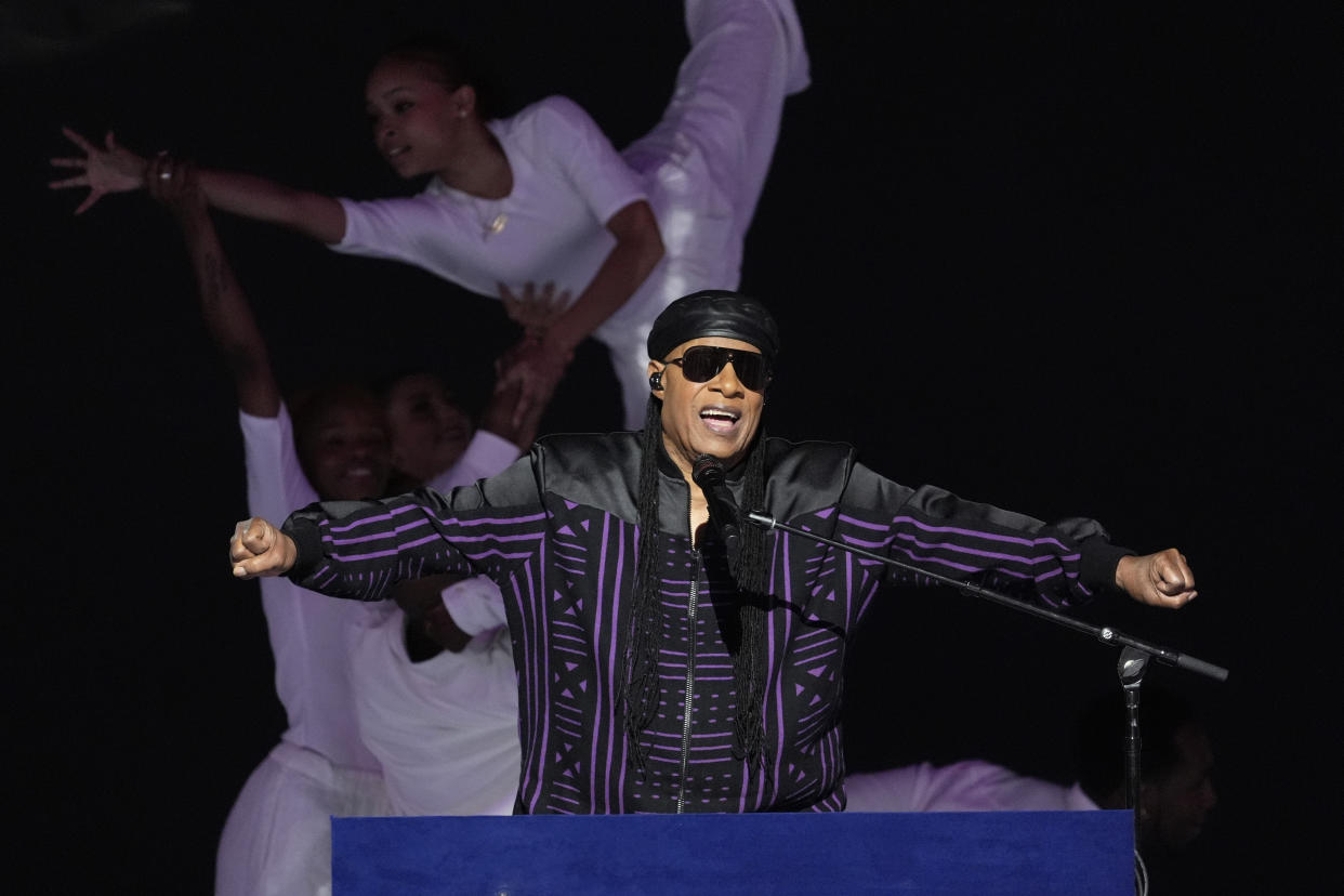 Stevie Wonder performs during the Democratic National Convention. 