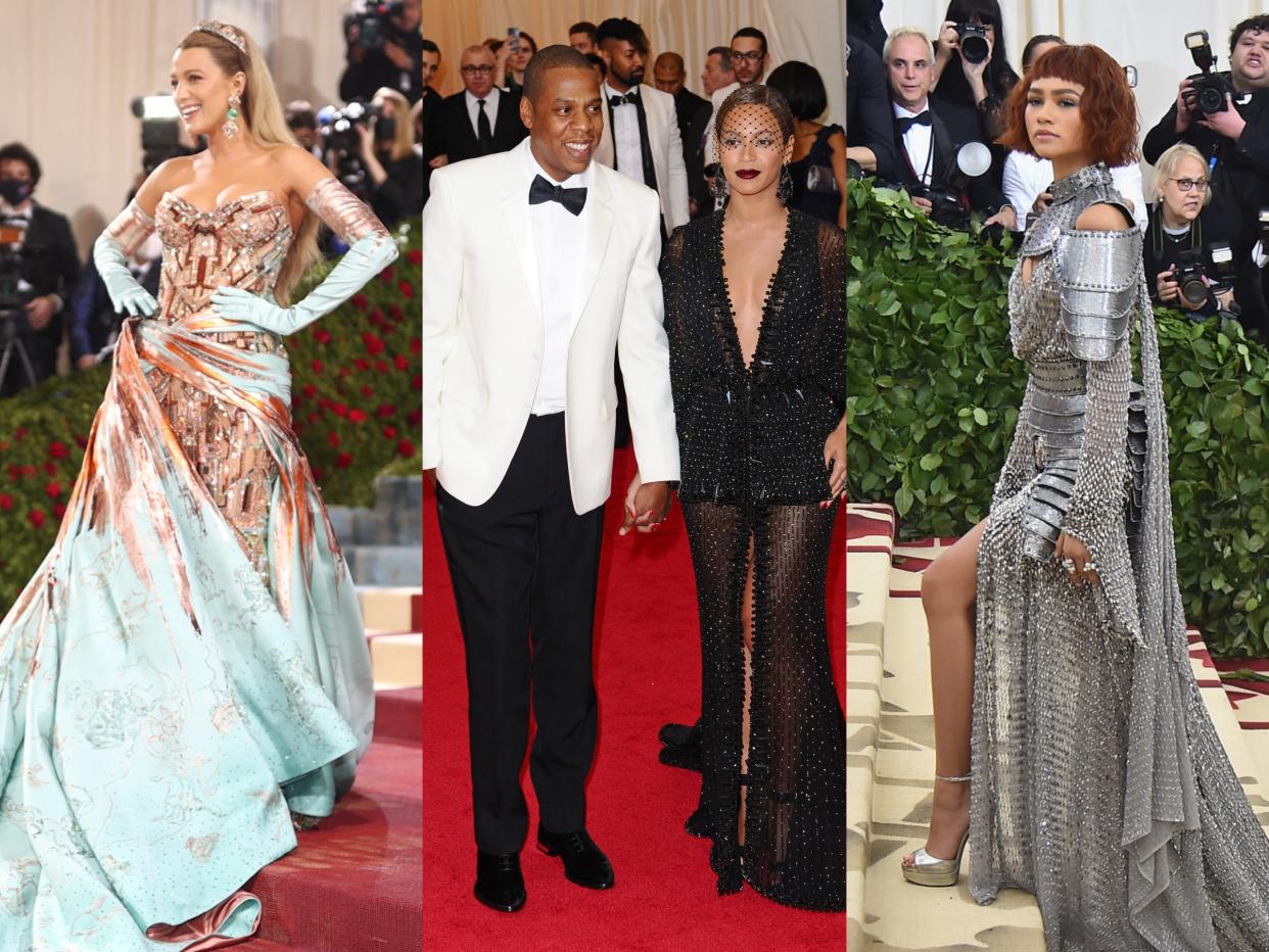 Blake Lively at the 2022 Met Gala, Jay-Z and Beyoncé at the 2014 Met Gala, and Zendaya at the 2018 Met Gala.