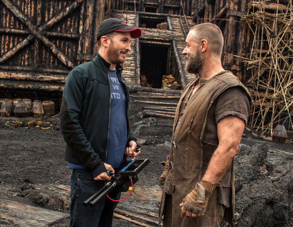 This image released by Paramount Pictures shows director Darren Aronofsky, left, and actor Russell Crowe on the set of, "Noah." (AP Photo/Paramount Pictures, Niko Tavernise)