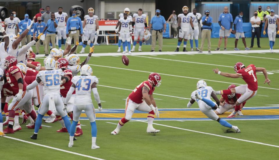 Harrison Butker kicks a 58-yard field goal in overtime to lift the Kansas City Chiefs to a 23-20 overtime win.