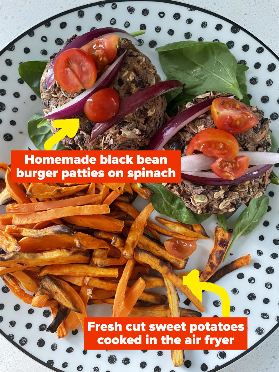 homemade black bean burgers and sweet potato fries