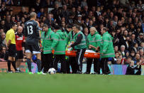 Fulham's Bryan Ruiz is strechered off with Leg injury during the Barclays Premier League match at Craven Cottage, London. The Match Ended (1-1)