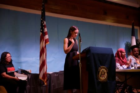 Representative Alexandria Ocasio-Cortez speaks during an Immigration Town Hall at The Nancy DeBenedittis Public School in Queens