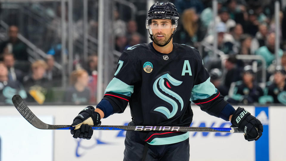 Seattle Kraken forward Jordan Eberle will be out indefinitely after getting cut by a skate blade during practice. (Photo by Christopher Mast/NHLI via Getty Images)