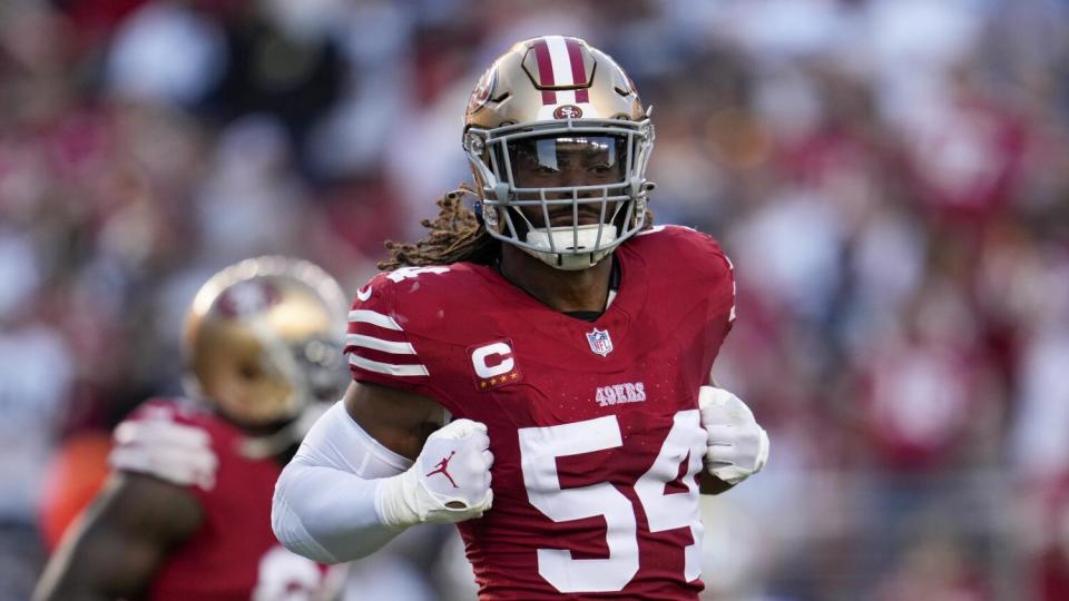 San Francisco 49ers linebacker Fred Warner reacts after sacking Dallas Cowboys quarterback Dak Prescott.