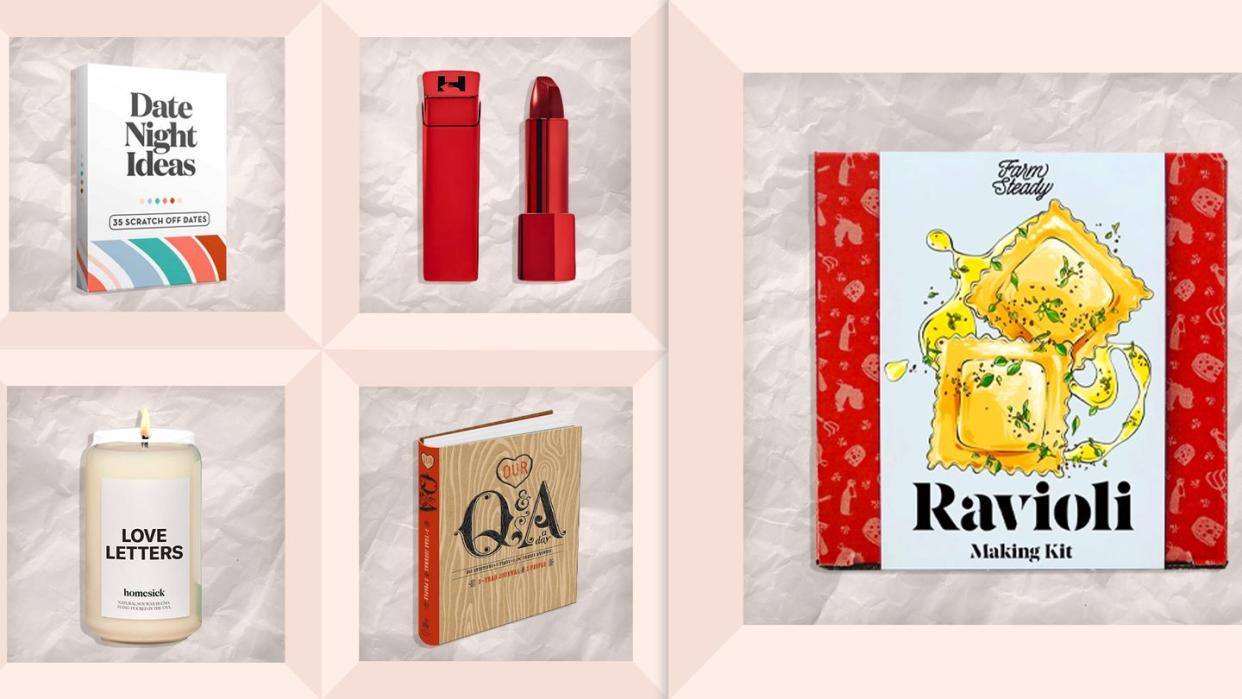 date night ideas, red lipstick, ravioli making set, question and answer book, love letters candle