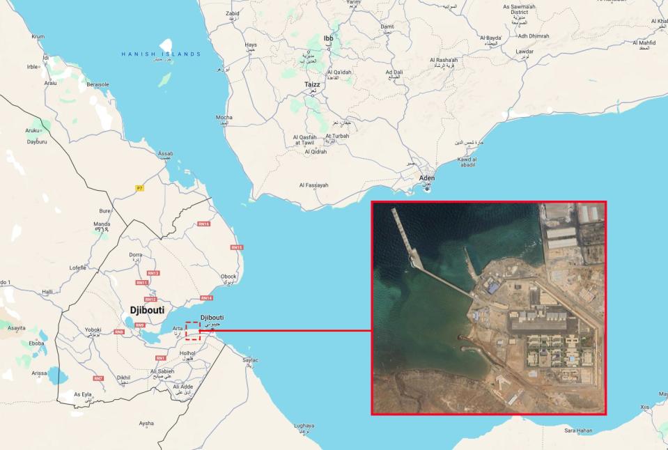 China's base in Dijbouti sits right next to the Bab el-Mandeb on the Gulf of Aden, with the Red Sea on the other side of the strait and Yemen right across it. (Google Maps)