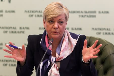 Valeria Gontareva, the former head of Ukraine's central bank, attends a news conference in Kiev