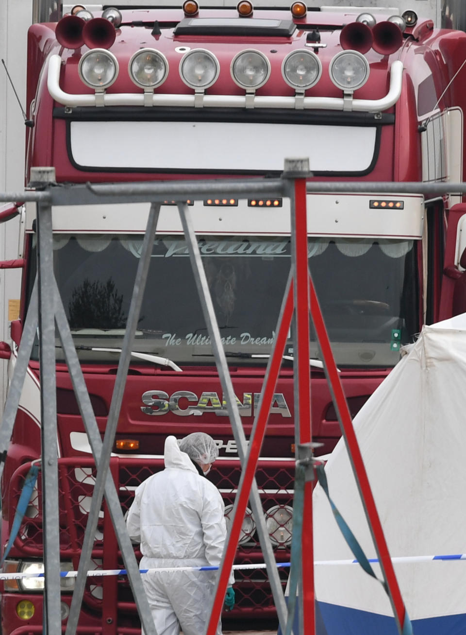 Police activity at the Waterglade Industrial Park in Grays, Essex, after 39 bodies were found inside a lorry container on the industrial estate.