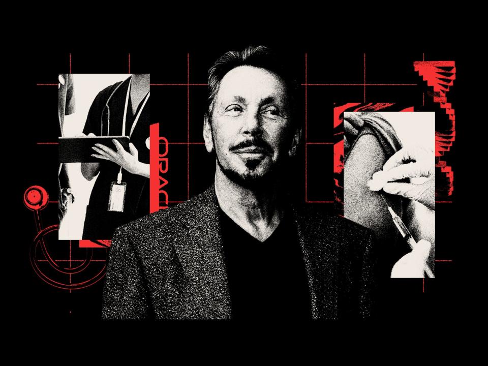 Larry Ellison on a ominous collage background