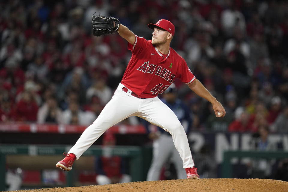 Los Angeles Angels starting pitcher Reid Detmers (48) throws during the seventh inning of a baseball game against the Tampa Bay Rays in Anaheim, Calif., Tuesday, May 10, 2022. (AP Photo/Ashley Landis)