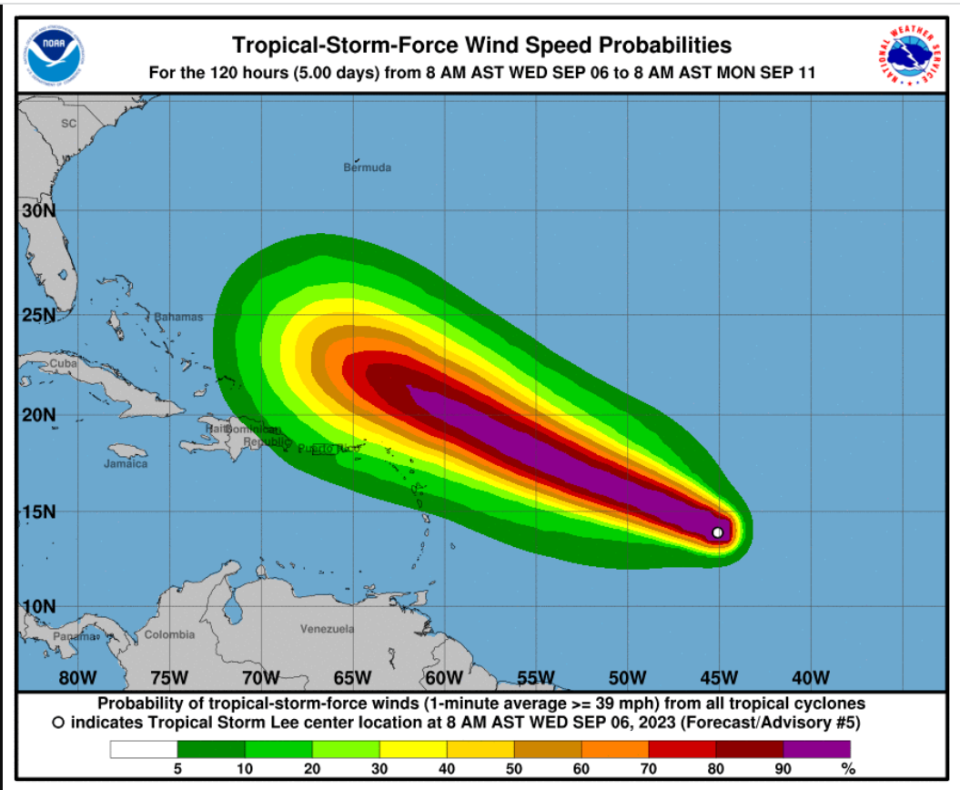 The National Hurricane Center expects Tropical Storm Lee to develop rapidly into an intense hurricane with 150 mph winds to the east of Puerto Rico.