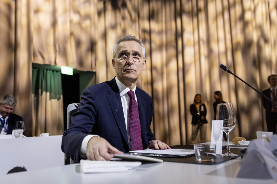 NATO Secretary General Jens Stoltenberg attends the informal meeting of EU defence ministers at the Scandinavian XPO in Marsta outside Stockholm, Sweden Wednesday, March 8, 2023. (Christine Olsson/TT News Agency via AP)