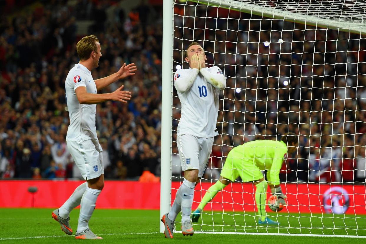 Benchmark | Rooney's and Kane celebrate the former captain’s record-breaking 50th goal for England: Getty Images