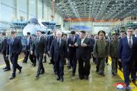 North Korean leader Kim Jong Un visits an aircraft manufacturing plant in the city of Komsomolsk-on-Amur
