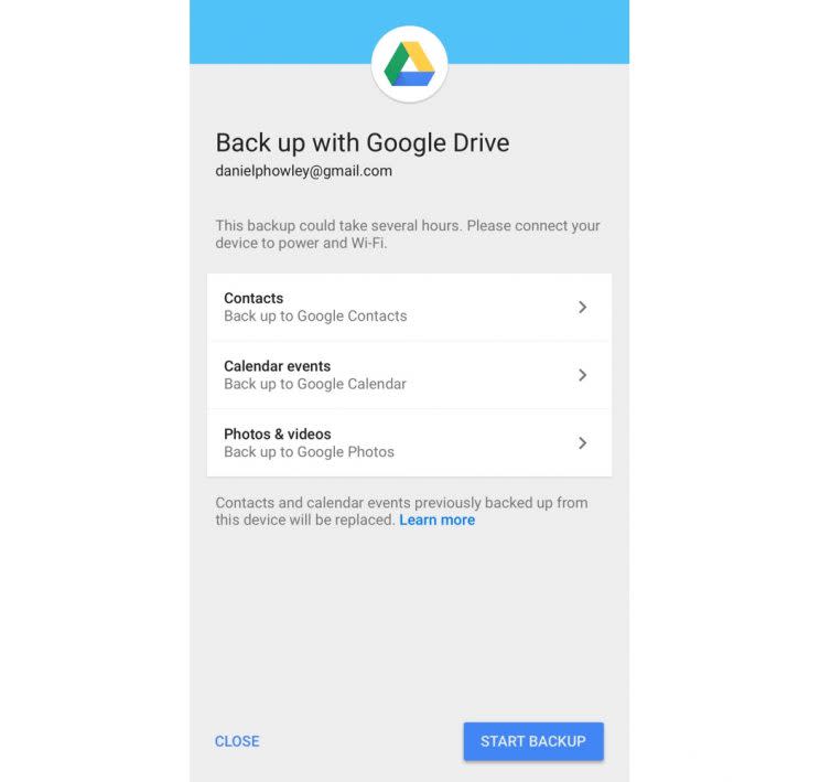 Back up data via Google Drive.