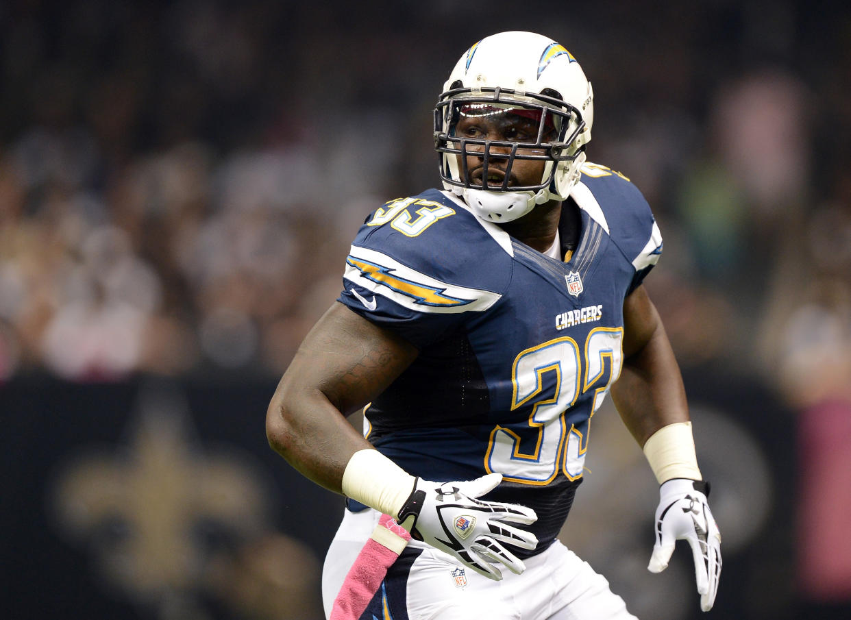 NEW ORLEANS, LA - OCTOBER 07:  Le'Ron McClain #33 of the San Diego Chargers looks for a pass during the game against the New Orleans Saints at Mercedes-Benz Superdome on October 7, 2012 in New Orleans, Louisiana.  (Photo by Harry How/Getty Images) 