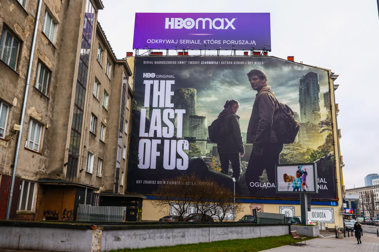 HBO's 'The Last of Us' TV series huge advertising banner is seen in the city center in Warsaw, Poland on January 19, 2023. The show is an American post-apocalyptic drama television series created by Craig Mazin and based on the 2013 video game. (Photo by Beata Zawrzel/NurPhoto via Getty Images)