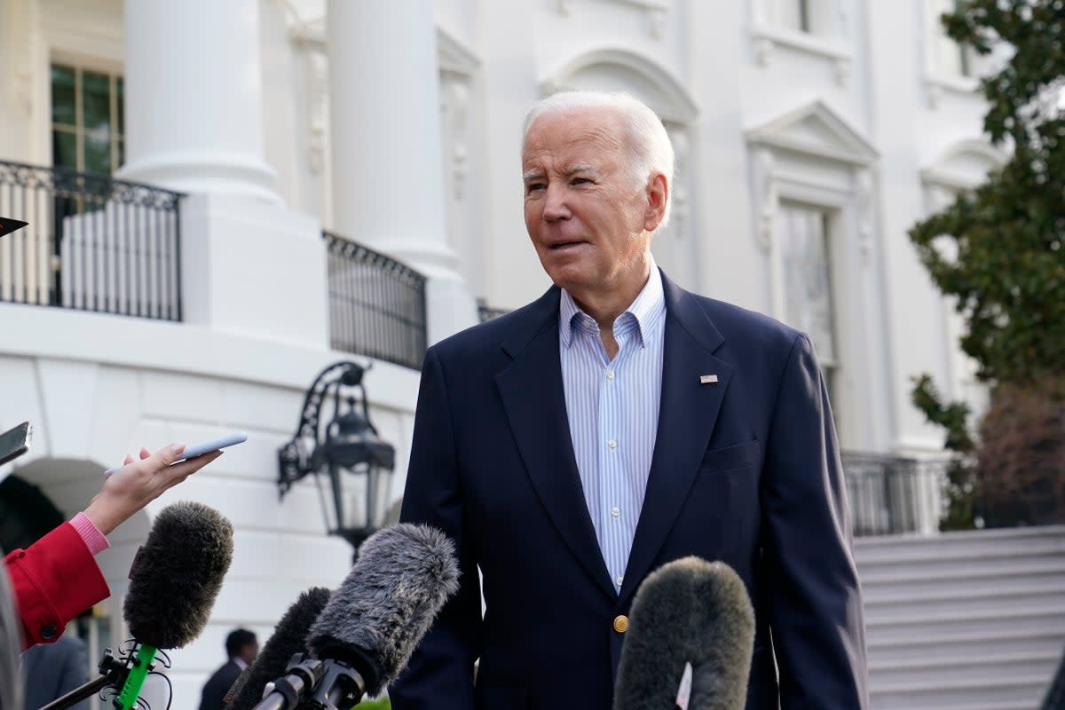 President Joe Biden talks with reporters on the South Lawn of the White House in Washington, Friday, March 31, 2023 before boarding Marine One. Biden is heading to Mississippi to survey damage from a recent tornado. (AP Photo/Susan Walsh) (AP)