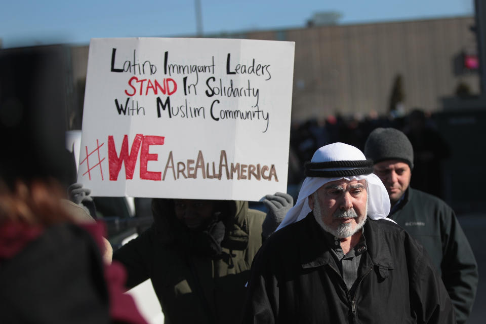 Interfaith religious leaders join together in a show of support for the Muslim community outside the Mosque Foundation on February 3, 2017 in Bridgeview, Illinois. The demonstration was held to show religious unity following President Donald Trump's recent executive order.