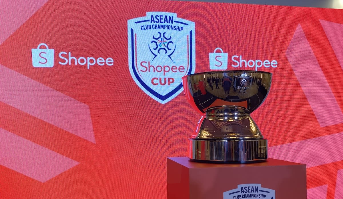 The Shopee Cup trophy at the inaugural ceremony of the ASEAN Club Championship at Raffles Singapore. (PHOTO: Yahoo Southeast Asia)