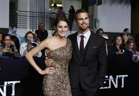 Cast members Shailene Woodley and Theo James pose at the premiere of "Divergent" in Los Angeles, California in this file photo taken March 18, 2014. REUTERS/Mario Anzuoni/Files