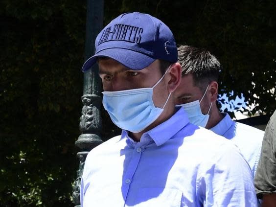 England soccer player Harry Maguire leaves a court building (AP)