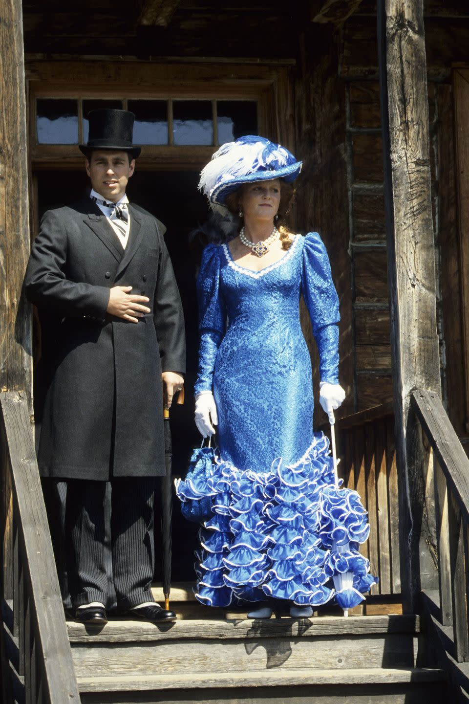 <p>Prince Andrew and Sarah Ferguson in traditional Klondike costumes during a visit to Fort Edmonton, Canada.</p>