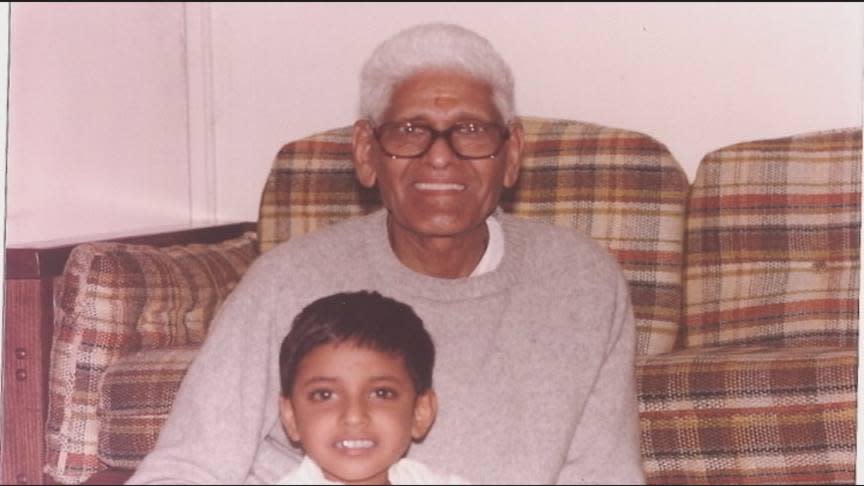 A family photo provided by Rep. Ro Khanna, D-Calif., shows him with with his grandfather,  Amarnath Vidyalankar, an Indian Freedom Fighter for over 15 years.