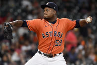 Houston Astros starting pitcher Framber Valdez delivers during the first inning of a baseball game against the Los Angeles Angels, Friday, Sept. 10, 2021, in Houston. (AP Photo/Eric Christian Smith)