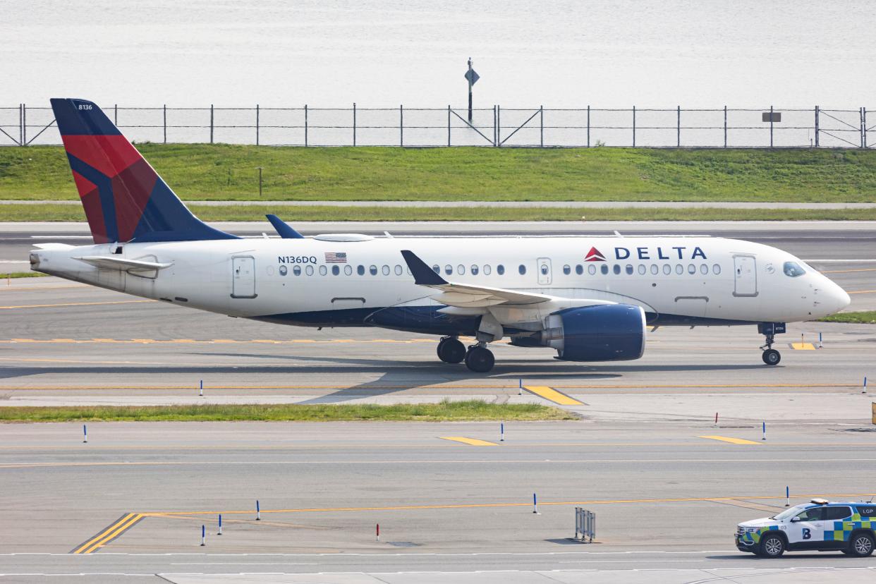 Delta Air Lines Airbus A220 aircraft taxiing at LaGuardia LGA airport in New York City, May 2023