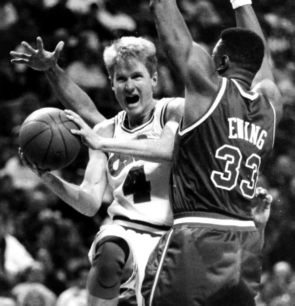 The Cleveland Cavaliers' Steve Kerr, left,, drives around the New York Knicks' Patrick Ewing at the Richfield Coliseum on April 5, 1992 in Richfield, Ohio.