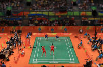 <p>Haifeng Fu and Nan Zhang of China play a quarterfinal match against Gi Jung Kim and Sa Rang Kim of Korea on Day 10 of the 2016 Rio Olympics at Riocentro Pavillion on August 15, 2016 in Rio de Janeiro, Brazil. (Photo by Mike Ehrmann/Getty Images) </p>