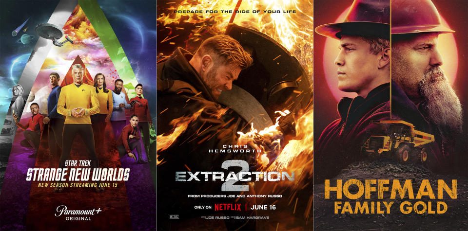 This combination of images shows promotional art for season two of “Star Trek: Strange New Worlds” premiering on June 15 on Paramount+, left, "Extraction 2," a film premiering June 18 on Netflix and season two of "Hoffman Family Gold," premiering June 16 on Discovery Channel. (Paramount+/Netflix/Discovery via AP)