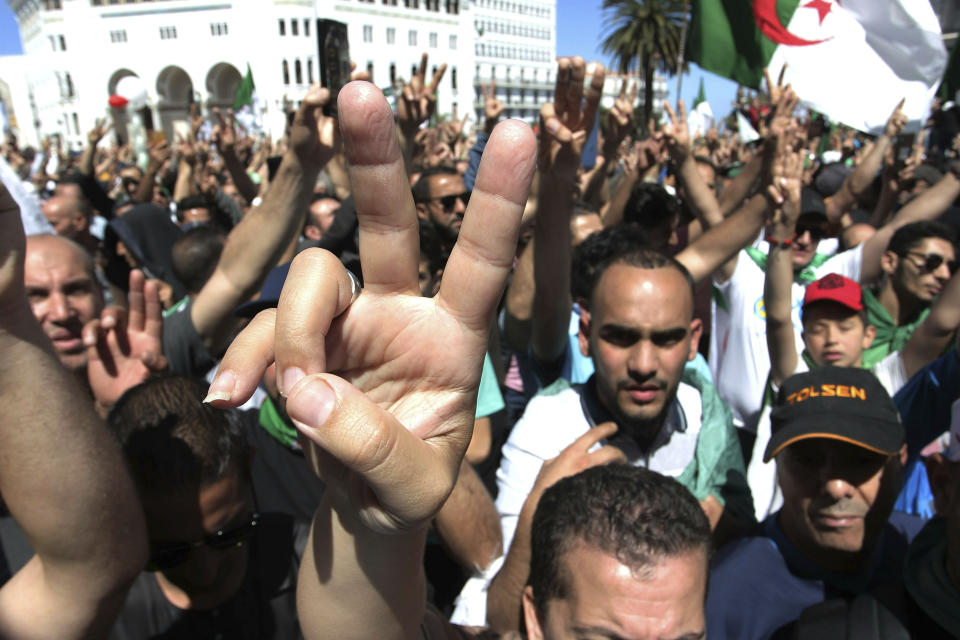 Algerian protesters gather during an anti-government demonstration in the centre of the capital Algiers, Algeria, Friday, May 31, 2019. (AP Photo/Fateh Guidoum)