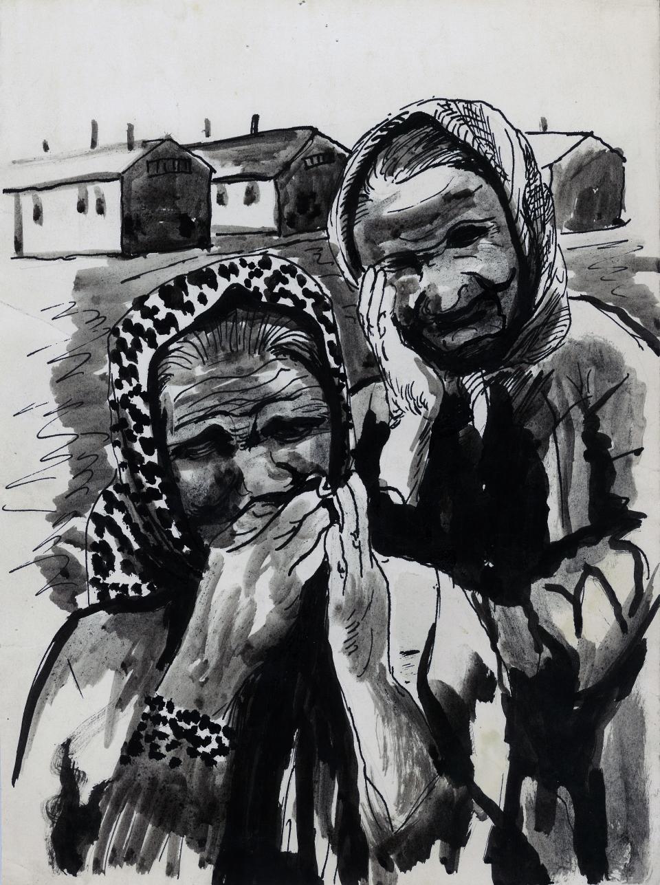 “Minidoka, grieving women.” Ink on paper.