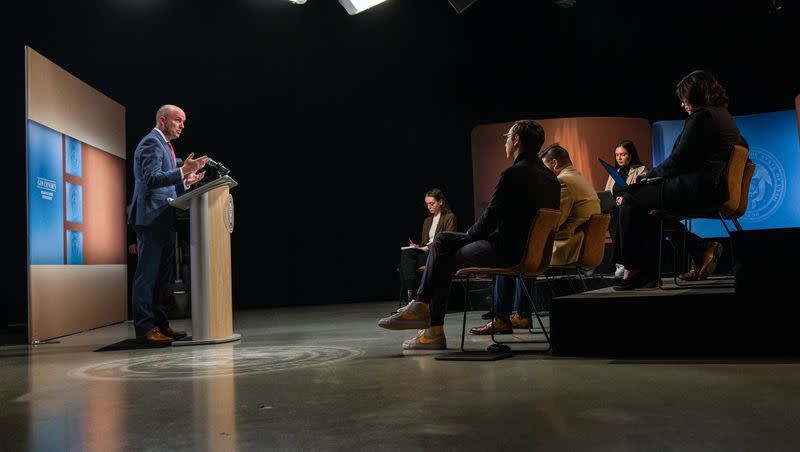 Gov. Spencer Cox speaks to media during a monthly news conference at PBS Utah at the Eccles Broadcast Center in Salt Lake City, Wednesday, Dec. 20, 2023.