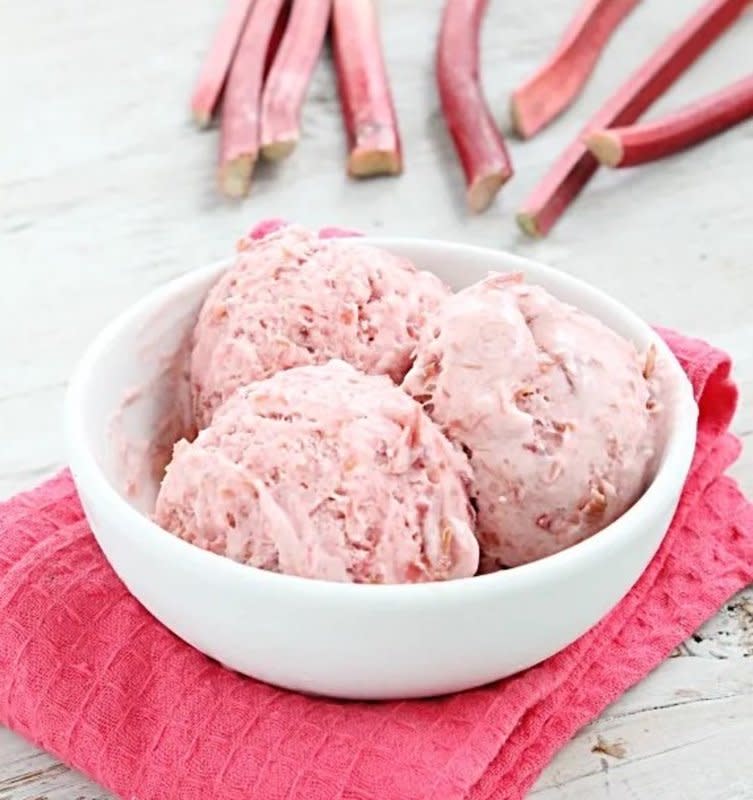 <p>Table For Seven</p><p>Exactly what you want to cool off with on a hot summer day.</p><p><strong>Get the recipe: <a href="https://ourtableforseven.com/2016/06/no-churn-rhubarb-ice-cream.html" rel="nofollow noopener" target="_blank" data-ylk="slk:No Churn Rhubarb Ice Cream;elm:context_link;itc:0;sec:content-canvas" class="link ">No Churn Rhubarb Ice Cream</a></strong></p>